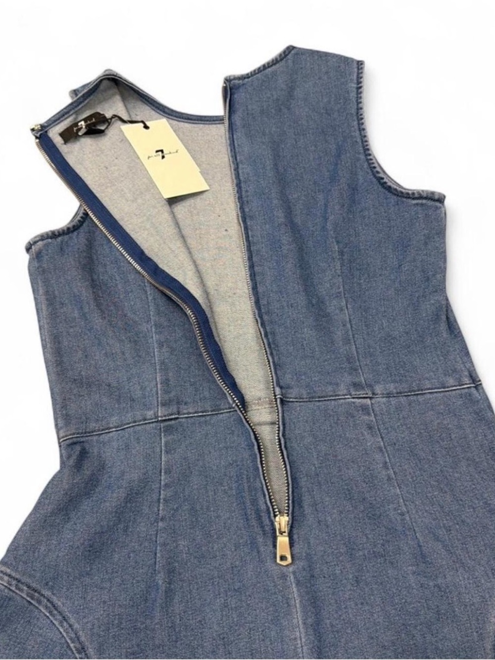 7 For All Mankind Blue Sleeveless Denim Fit-and-Flare Mini Dress Size Small - Picture 7 of 7